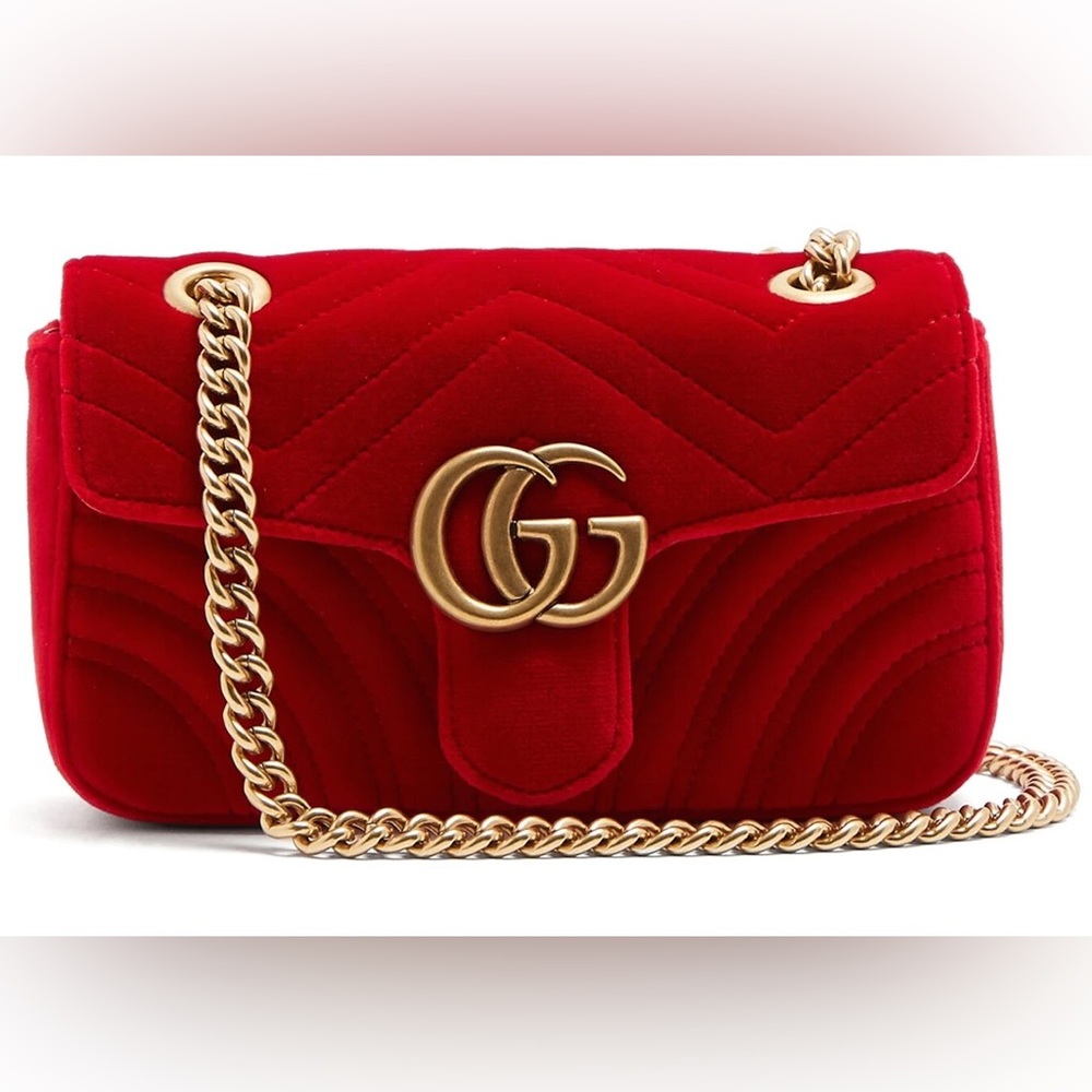 Gucci Red Matelassé Velvet Small GG Marmont Shoulder Bag